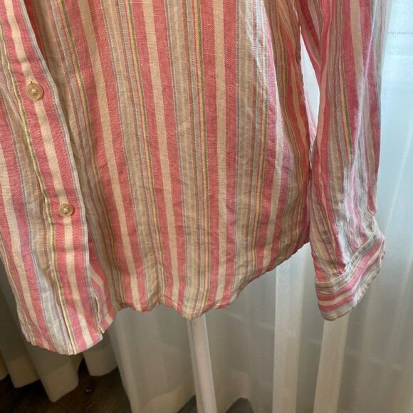 Lauren Ralph Lauren Linen Striped Button Front Boyfriend Long Sleeve Blouse SZ M - Picture 6 of 10